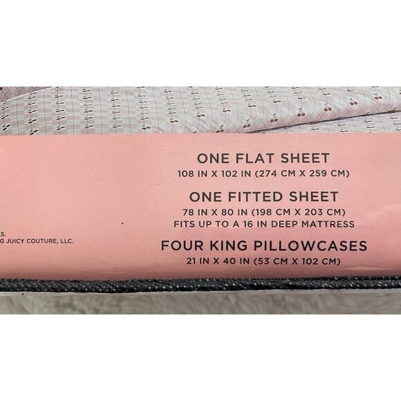 6 Piece Juicy Couture CHERRIES Cherry Argyle Pink Sheet Set King Size NEW - Picture 9 of 15